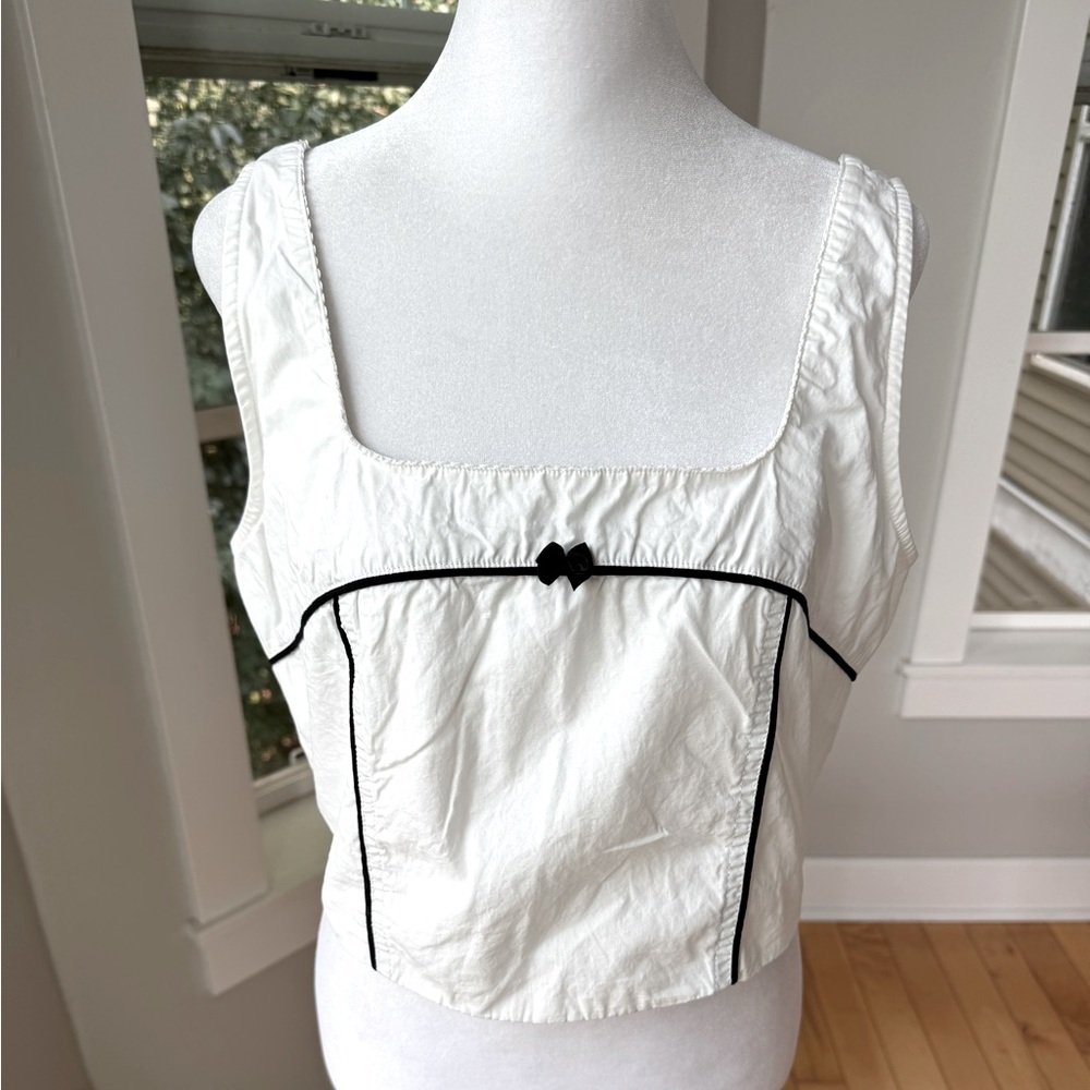Vintage F21 White Black Corset Style Bow Cotton Zip Back Cropped Tank Top Large